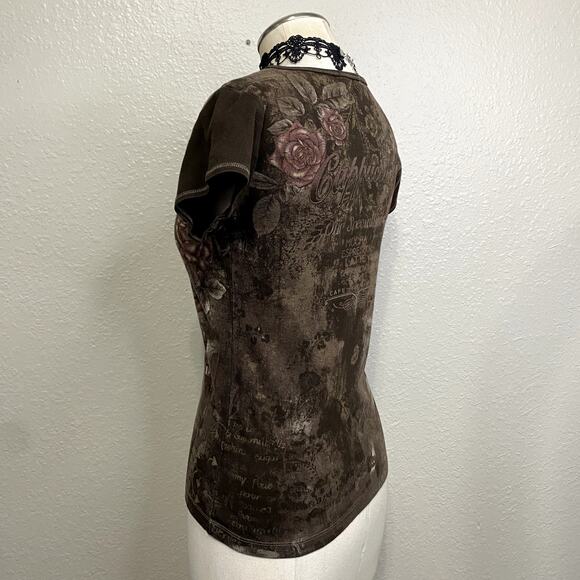 Vtg Y2k Blue Canyon Embellished Mc Bling Burnout Baby Tee Rhinestone Grunge S - Picture 10 of 15